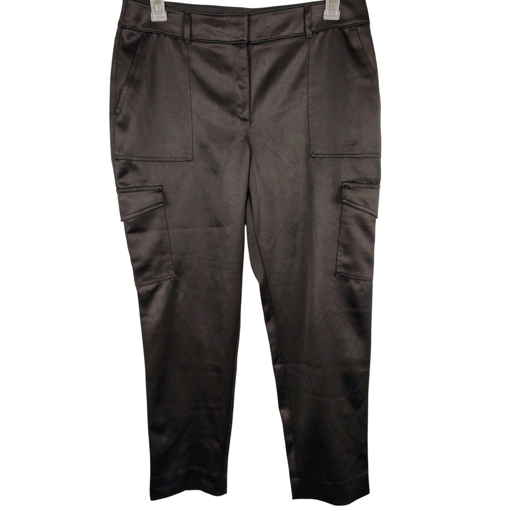 Chico's Womens SZ 10 Satin Cargo Pants Black Utility Luxe Gorpcore Chic